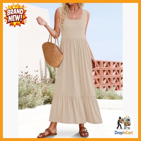Sleeveless Square Neck Pleated Swing Maxi Dress Casual Tiered Flowy with Pockets - Picture 3 of 7